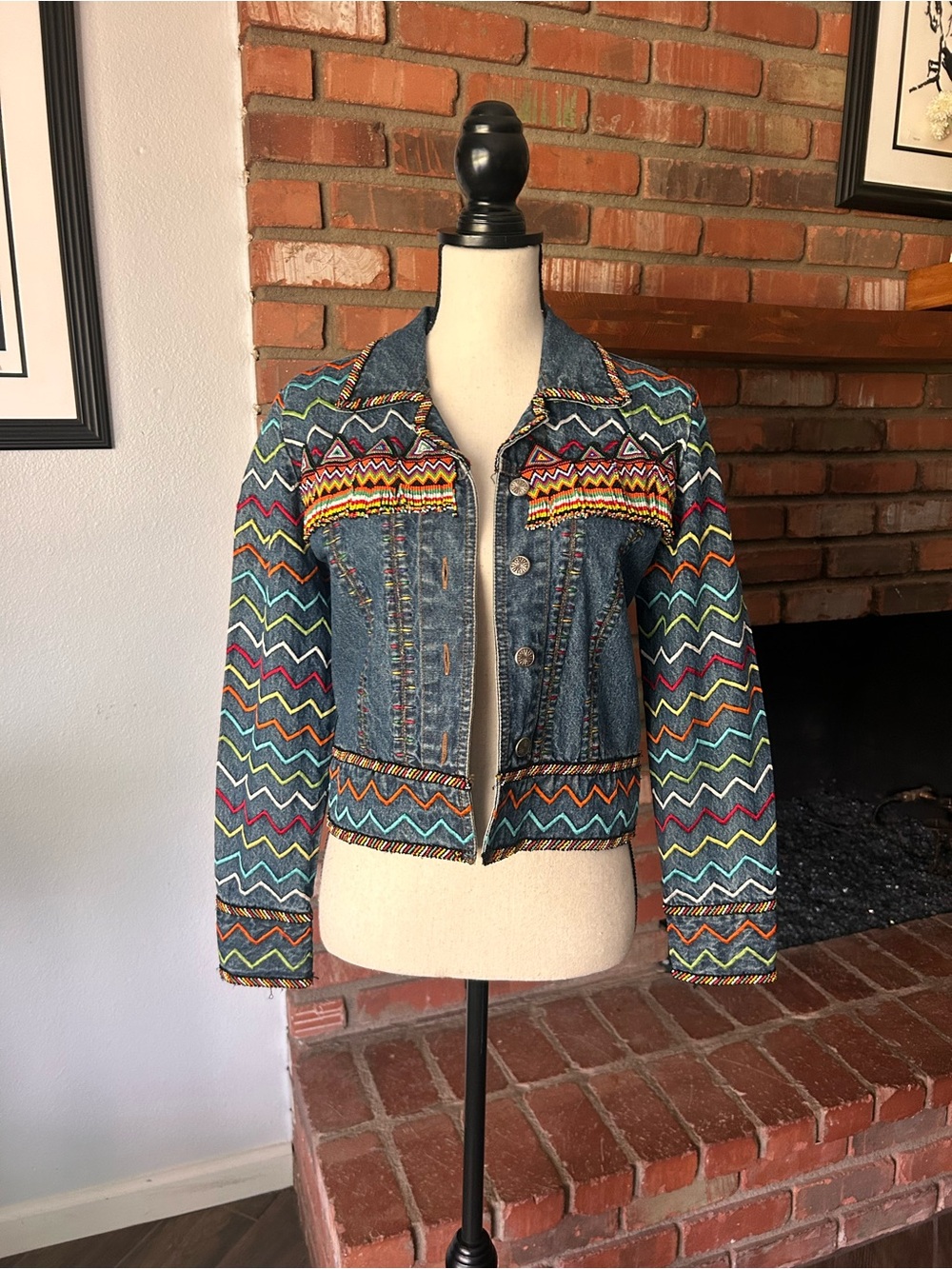 VTG Gordon & James Embroidered Beaded Fringe Denim Jacket Sz M
